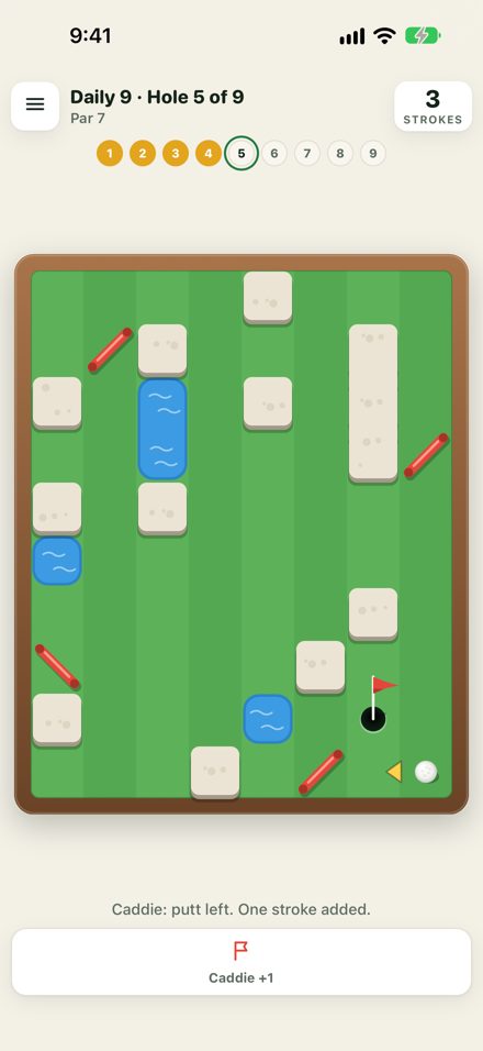 A Daily 9 hole with water, bumpers and the caddie's arrow